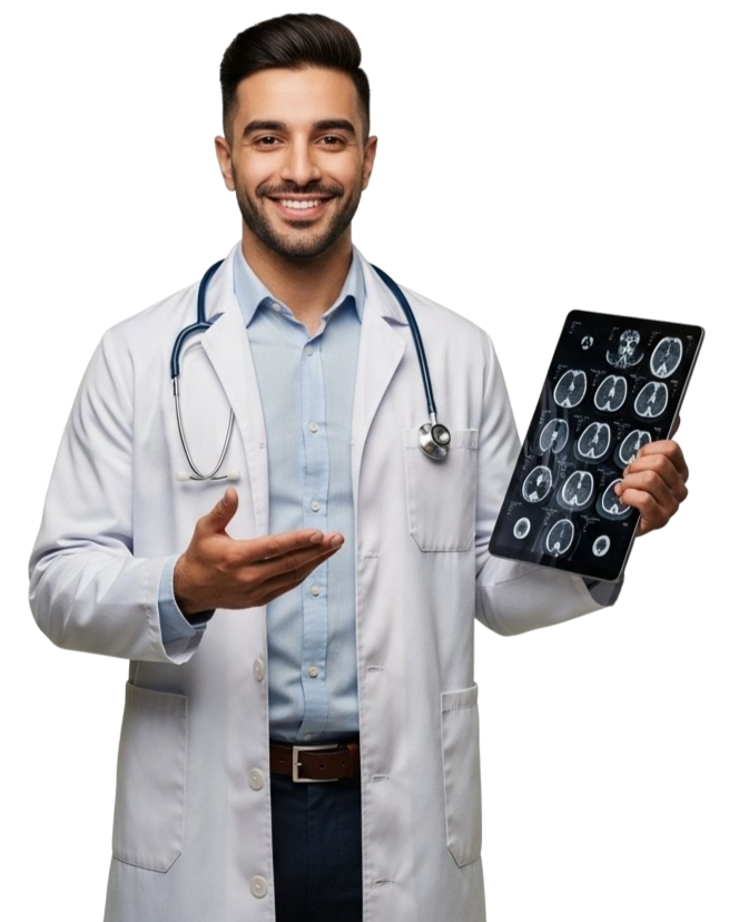 Professioneller Radiologe im weißen Kittel mit Röntgenbild, repräsentiert erstklassige medizinische Fachkräfte